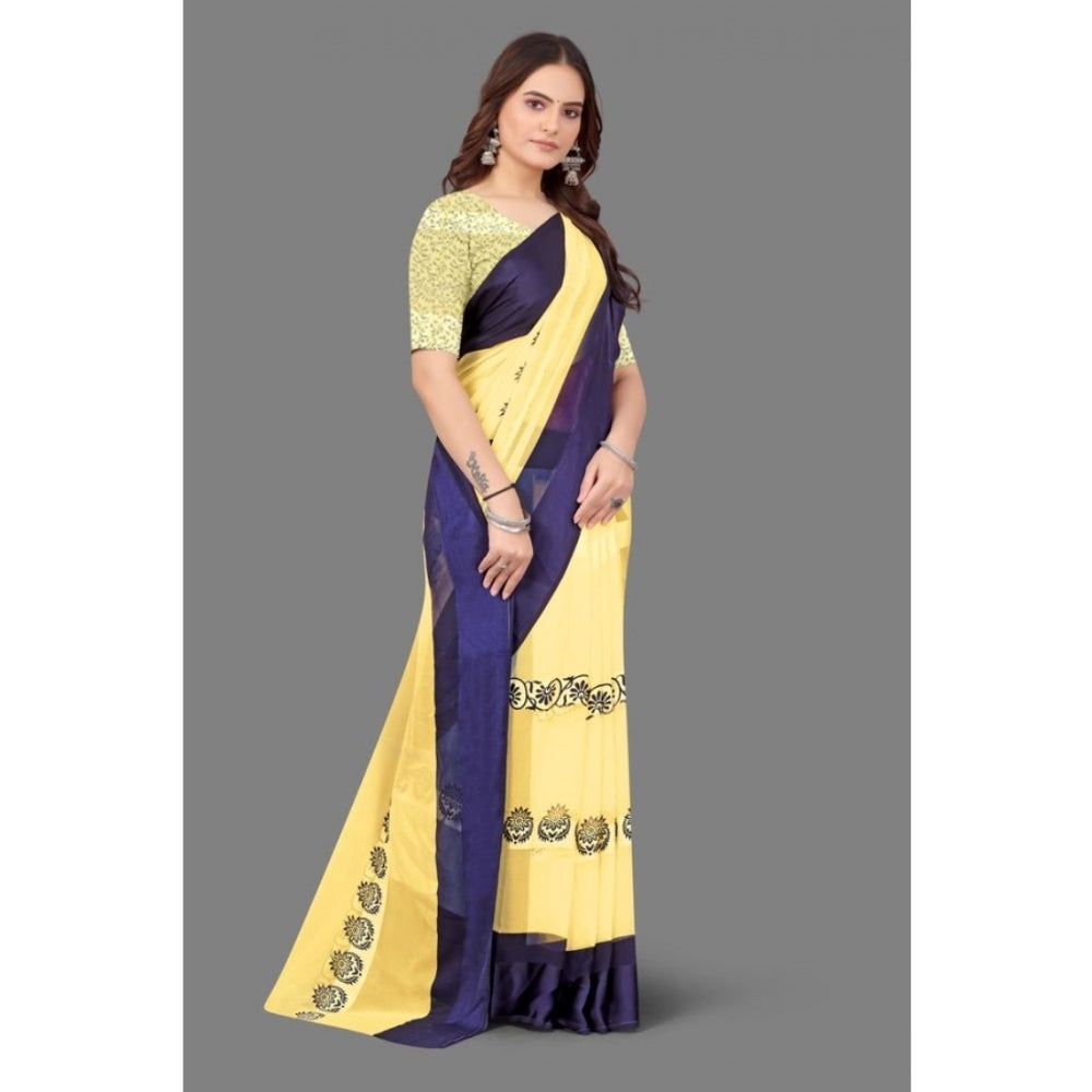 Clasymist Women's Sattin Patta Printed Saree With Unstitched Blouse (Yellow, 5-5 Mtrs)