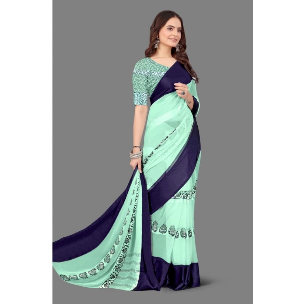 Clasymist Women's Sattin Patta Printed Saree With Unstitched Blouse (Blue, 5-5 Mtrs)