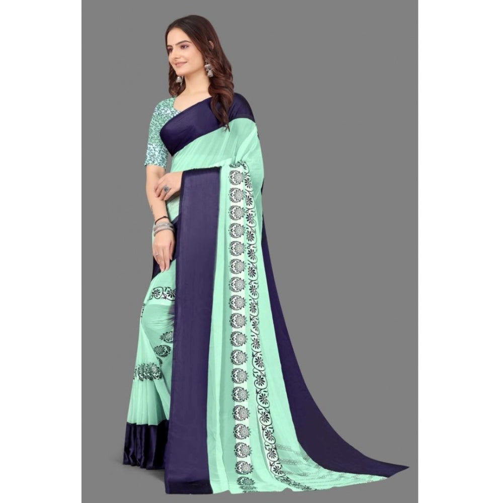 Clasymist Women's Sattin Patta Printed Saree With Unstitched Blouse (Blue, 5-5 Mtrs)