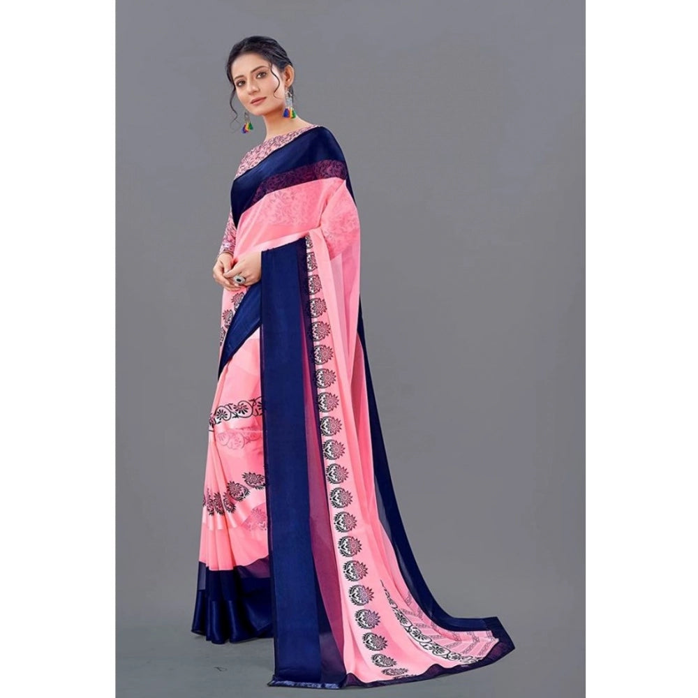 Clasymist Women's Sattin Patta Printed Saree With Unstitched Blouse (Pink, 5-5 Mtrs)