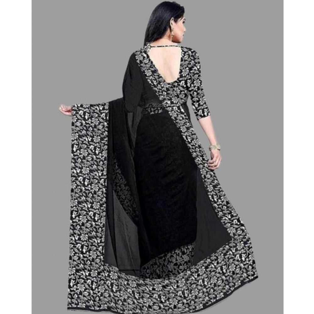 Clasymist Women's Sattin Patta Printed Saree With Unstitched Blouse (Black, 5-5 Mtrs)