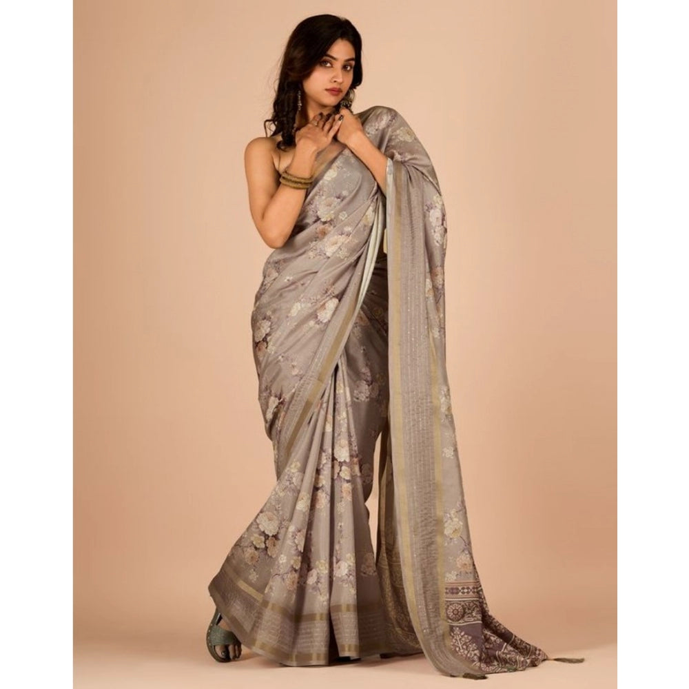 Clasymist Women's Digital Printed Saree With Unstitched Blouse (Cream, 5-5 Mtrs)