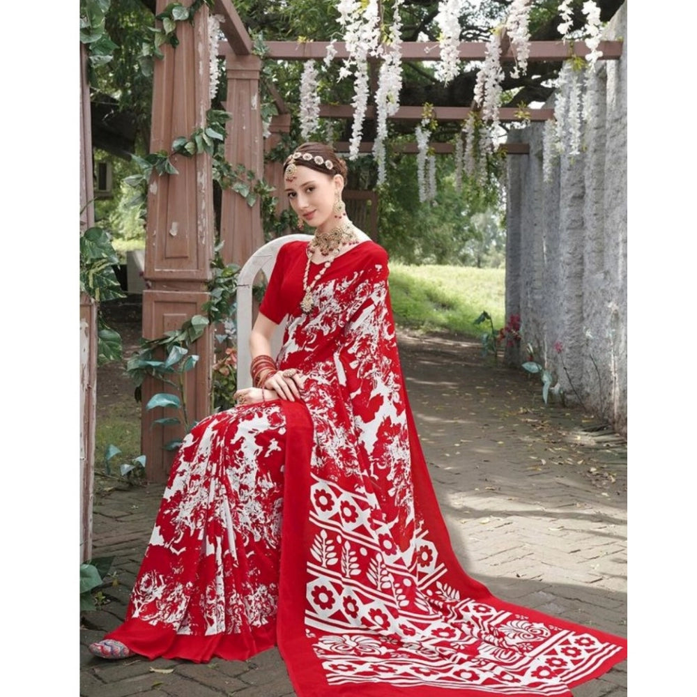 Clasymist Women's Georgette Printed Saree With Unstitched Blouse (Red, 5-5 Mtrs)