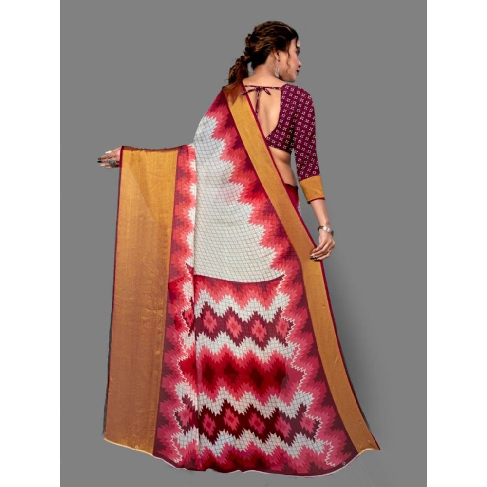 Clasymist Women's Chiffon Printed Saree With Unstitched Blouse (Maroon, 5-5 Mtrs)