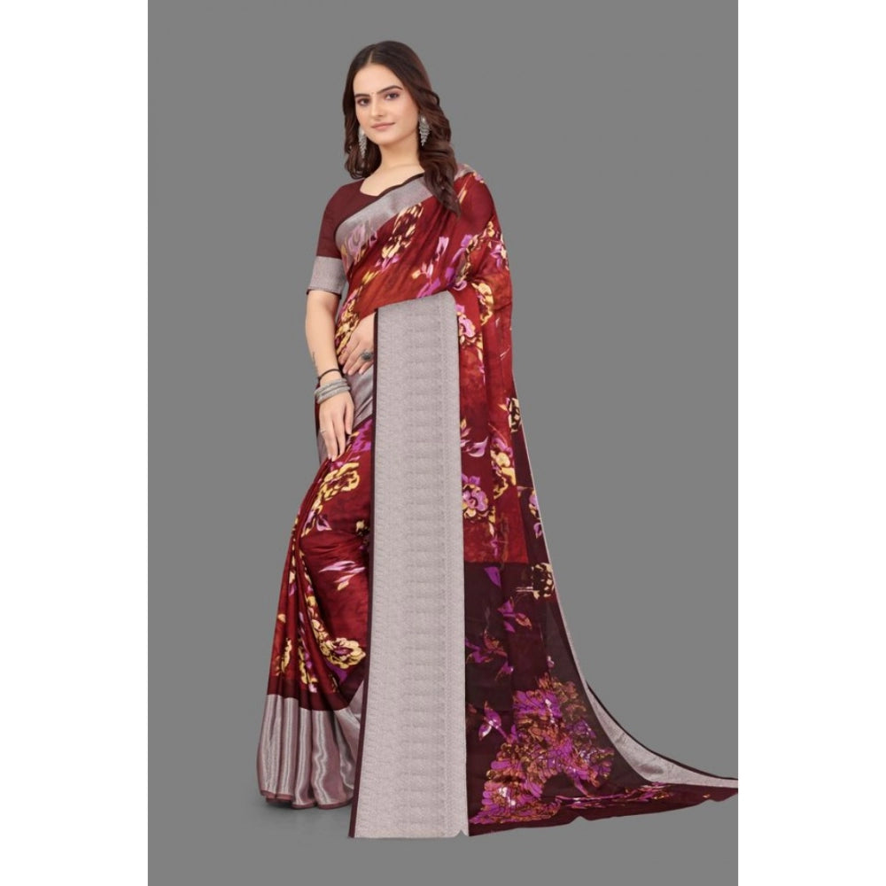 Clasymist Women's Chiffon Printed Saree With Unstitched Blouse (Maroon, 5-5 Mtrs)