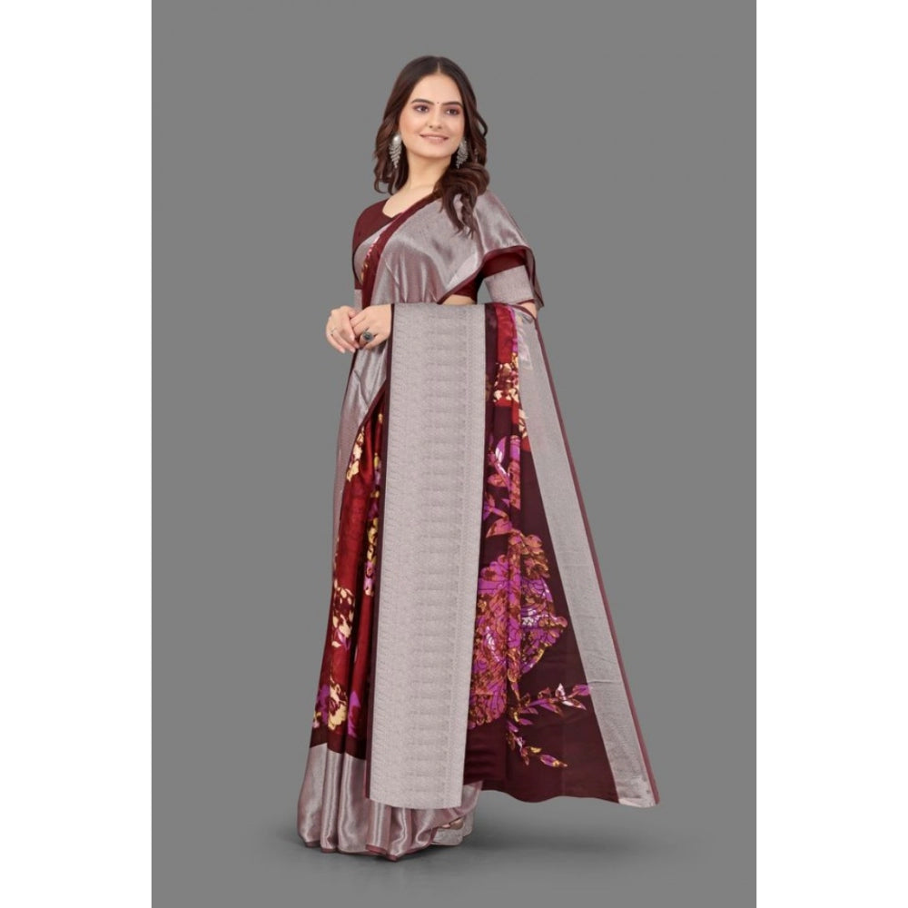 Clasymist Women's Chiffon Printed Saree With Unstitched Blouse (Maroon, 5-5 Mtrs)