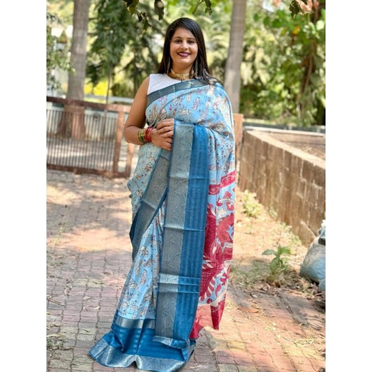 Clasymist Women's Dola Silk Printed Saree With Unstitched Blouse (Sky Blue, 5-5 Mtrs)