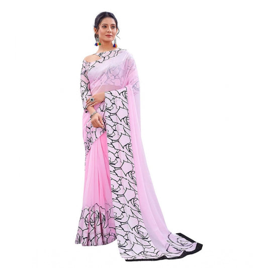 Clasymist Women's Sattin Patta Printed Saree With Unstitched Blouse (Baby-Pink, 5-5 Mtrs)