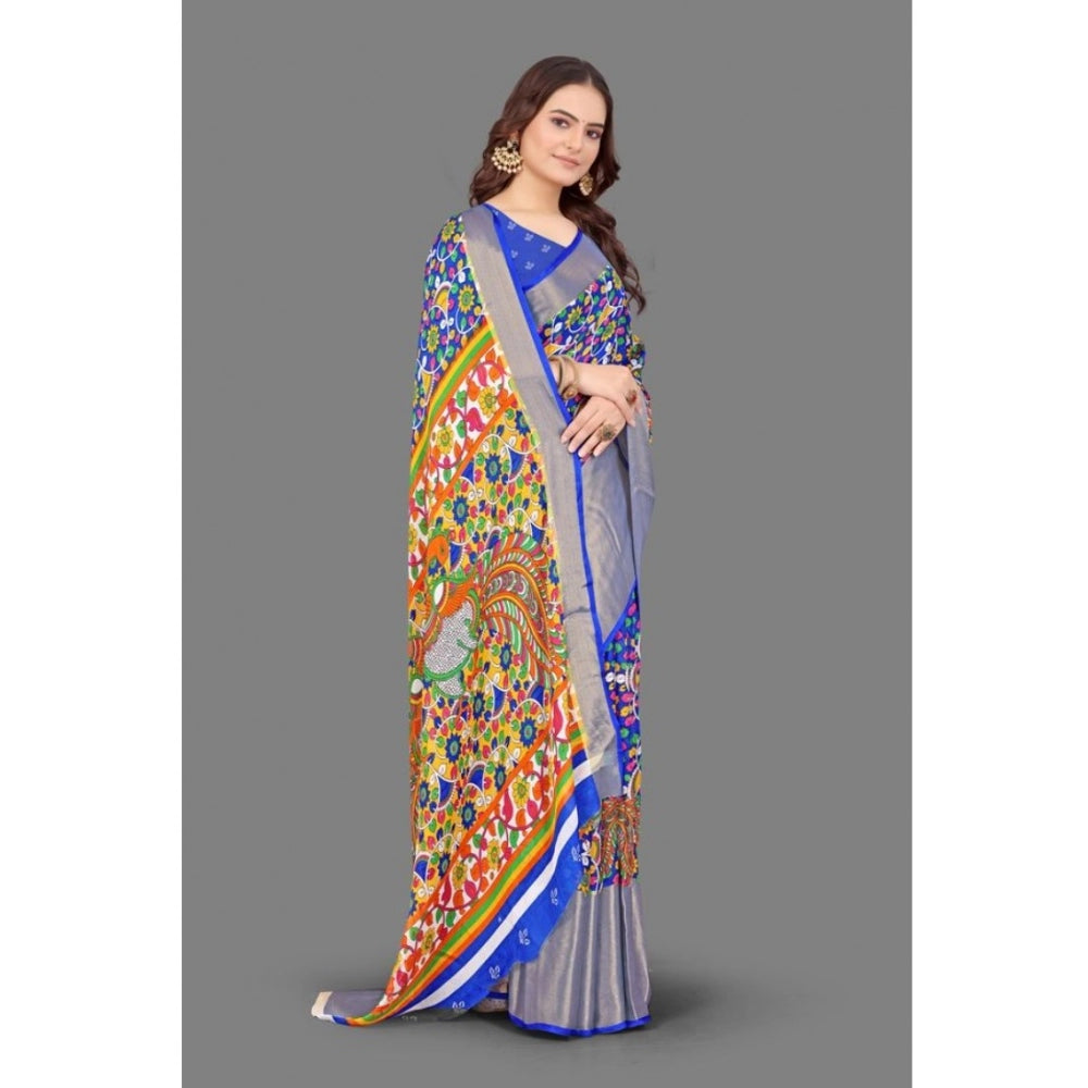 Clasymist Women's Chiffon Printed Saree With Unstitched Blouse (Blue, 5-5 Mtrs)