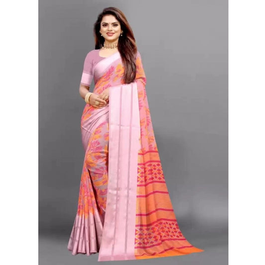 Clasymist Women's Sattin Patta Printed Saree With Unstitched Blouse (Orange, 5-5 Mtrs)