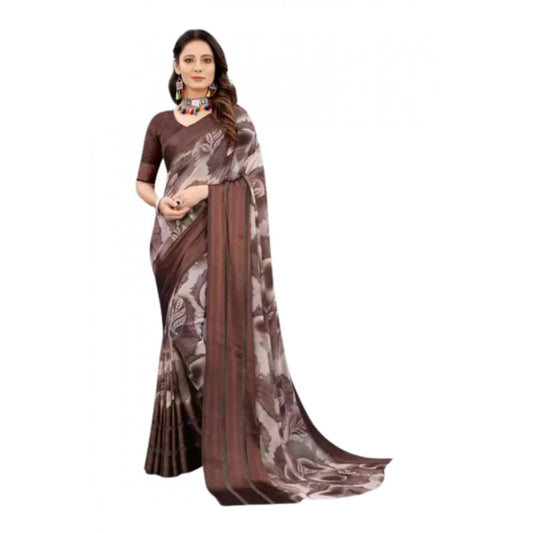 Clasymist Women's Sattin Patta Printed Saree With Unstitched Blouse (Brown, 5-5 Mtrs)