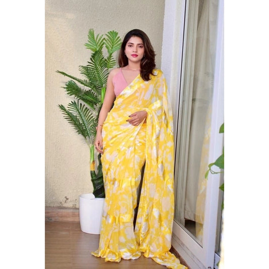 Clasymist Women's Sattin Patta Printed Saree With Unstitched Blouse (Yellow, 5-5 Mtrs)