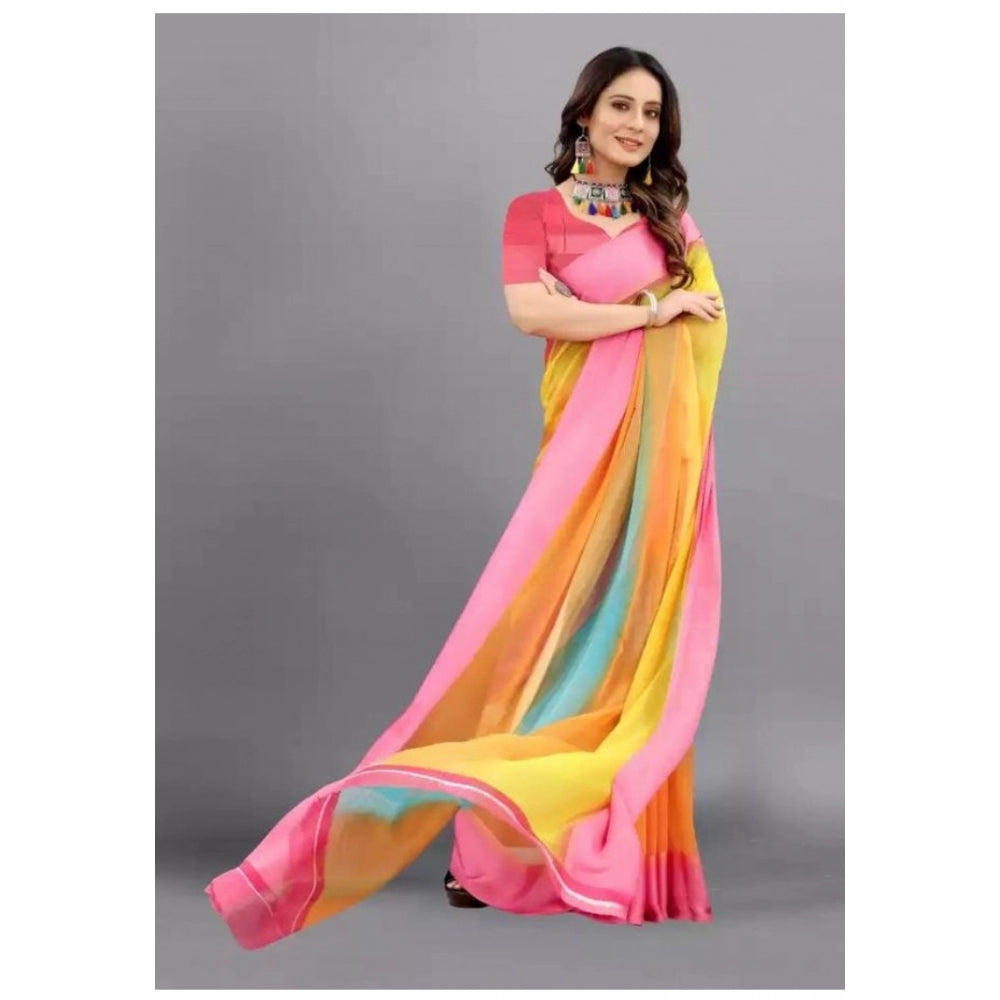 Clasymist Women's Sattin Patta Printed Saree With Unstitched Blouse (Pink, 5-5 Mtrs)