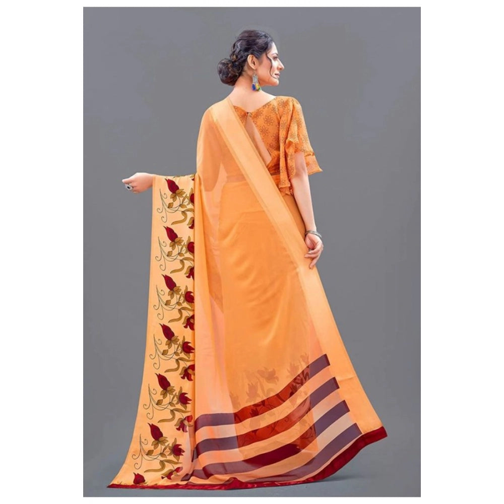 Clasymist Women's Sattin Patta Printed Saree With Unstitched Blouse (Orange, 5-5 Mtrs)