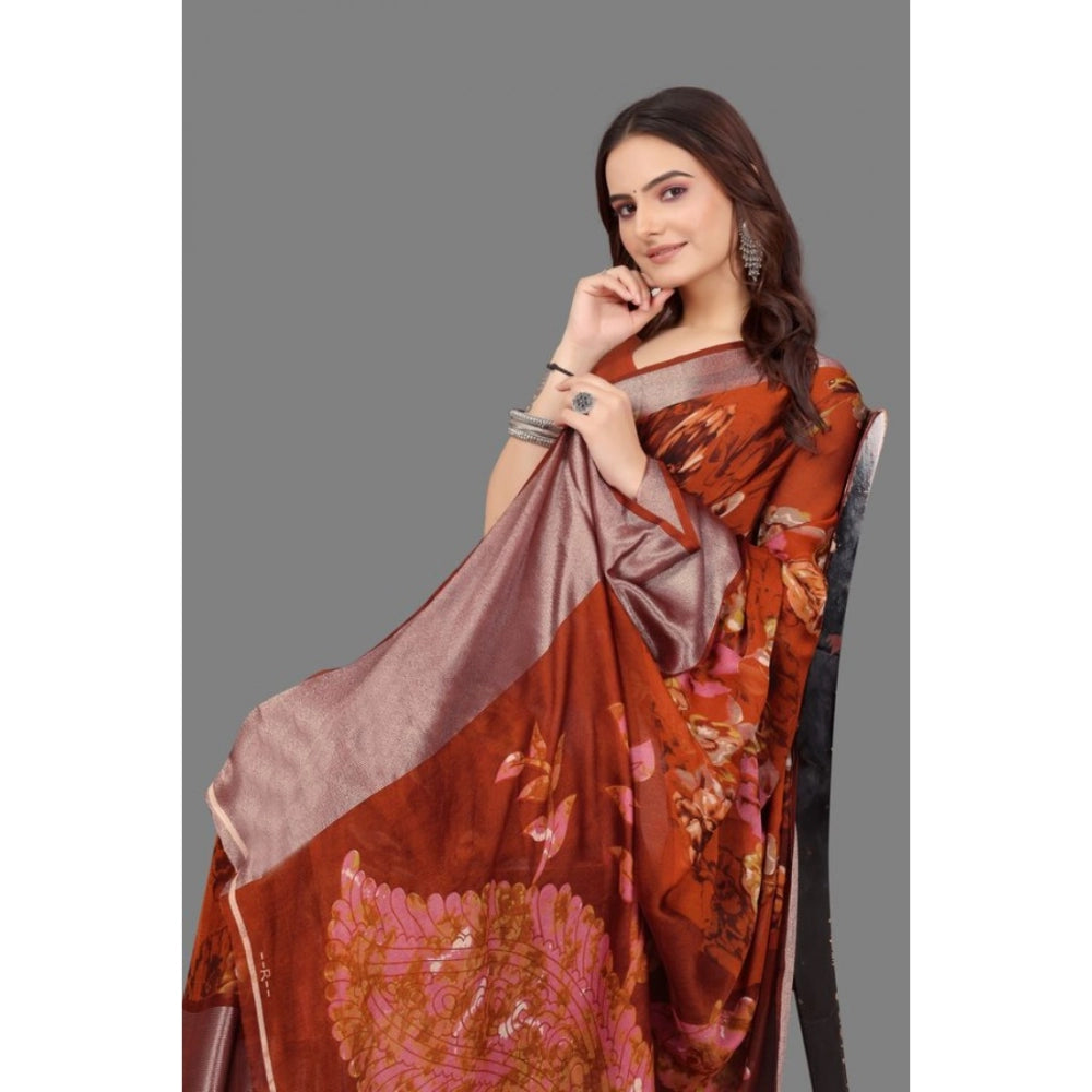 Clasymist Women's Chiffon Printed Saree With Unstitched Blouse (Red, 5-5 Mtrs)