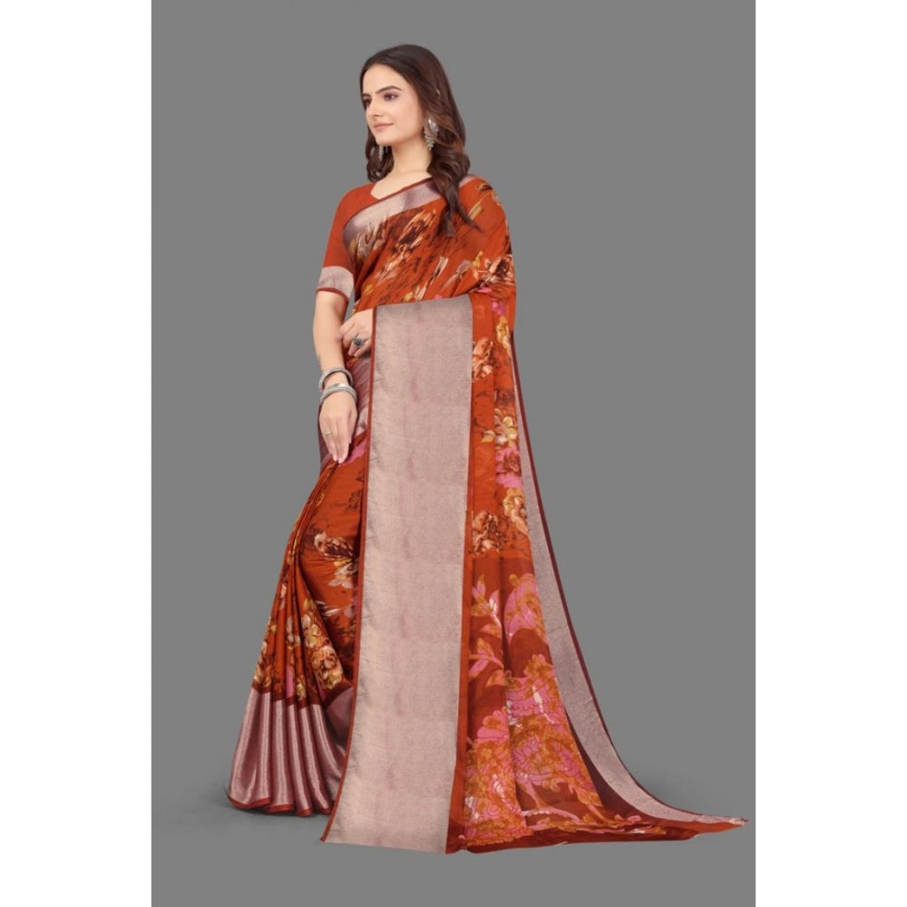 Clasymist Women's Chiffon Printed Saree With Unstitched Blouse (Red, 5-5 Mtrs)