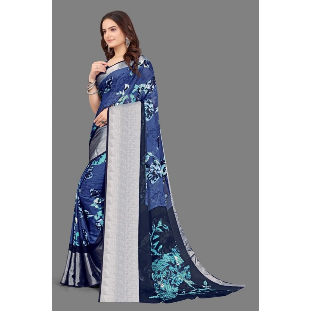 Clasymist Women's Chiffon Printed Saree With Unstitched Blouse (Navy Blue, 5-5 Mtrs)