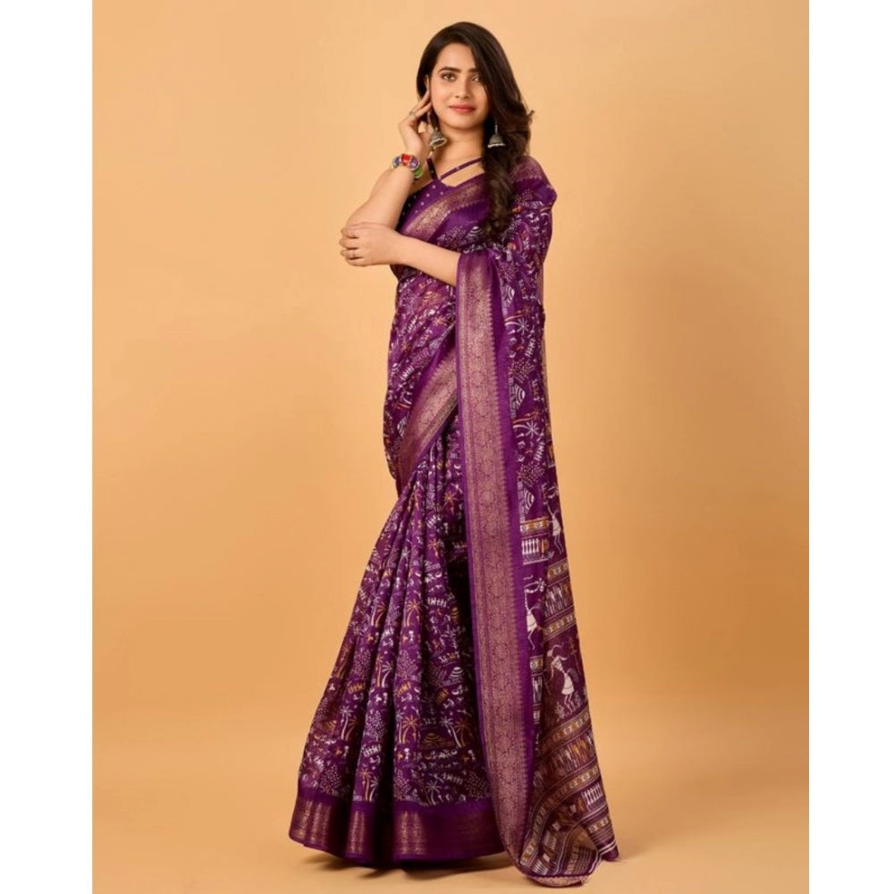 Clasymist Women's Dola Silk Printed Saree With Unstitched Blouse (Violet, 5-5 Mtrs)