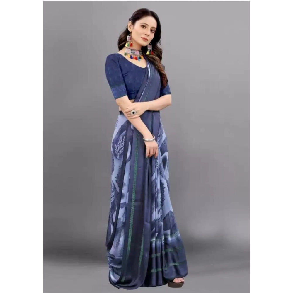 Clasymist Women's Sattin Patta Printed Saree With Unstitched Blouse (Navy Blue, 5-5 Mtrs)