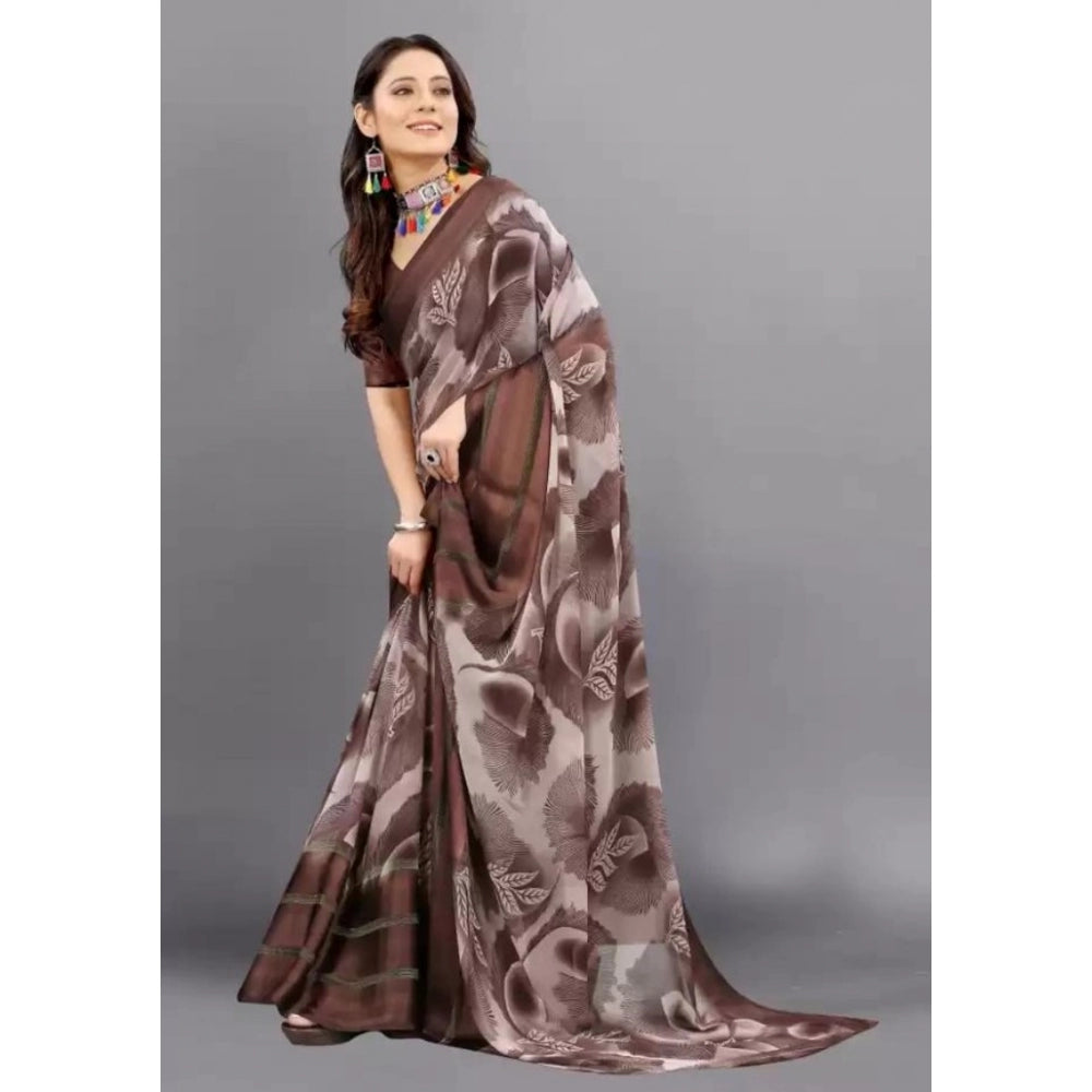 Clasymist Women's Sattin Patta Printed Saree With Unstitched Blouse (Brown, 5-5 Mtrs)