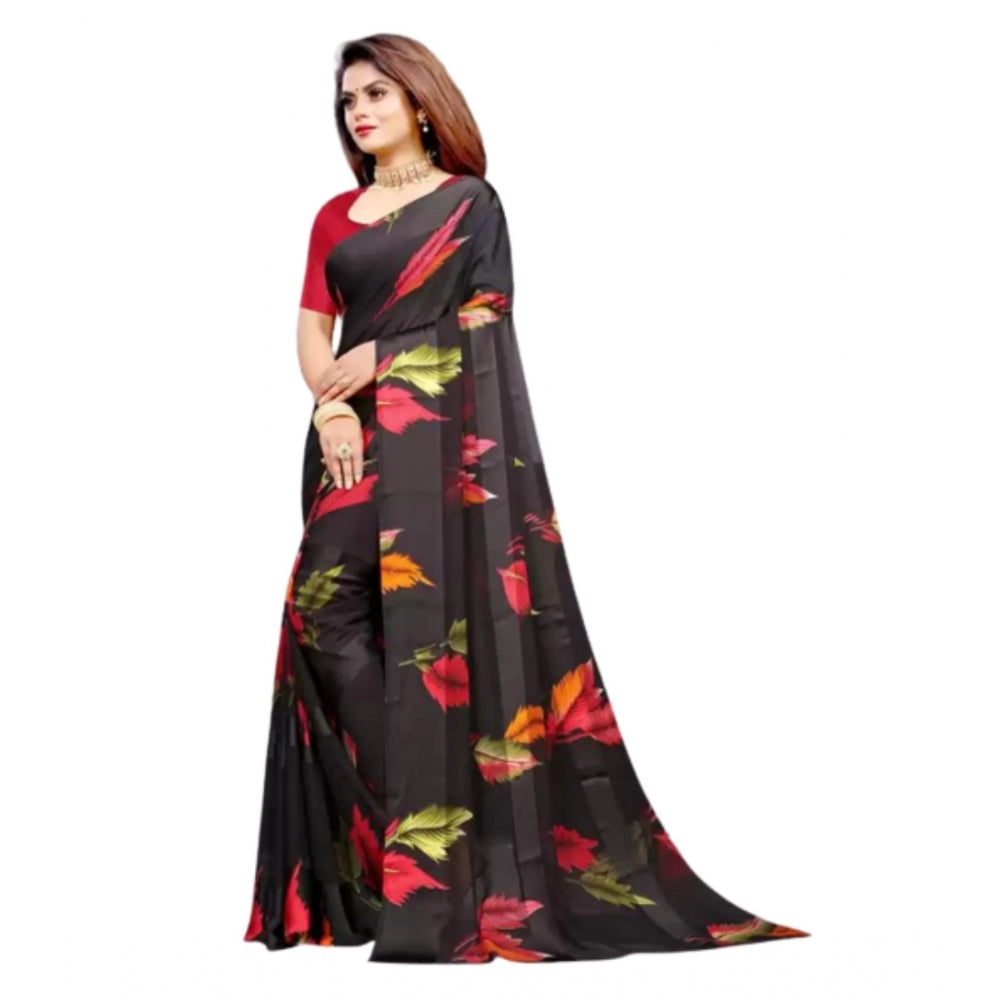 Clasymist Women's Sattin Patta Printed Saree With Unstitched Blouse (Black, 5-5 Mtrs)