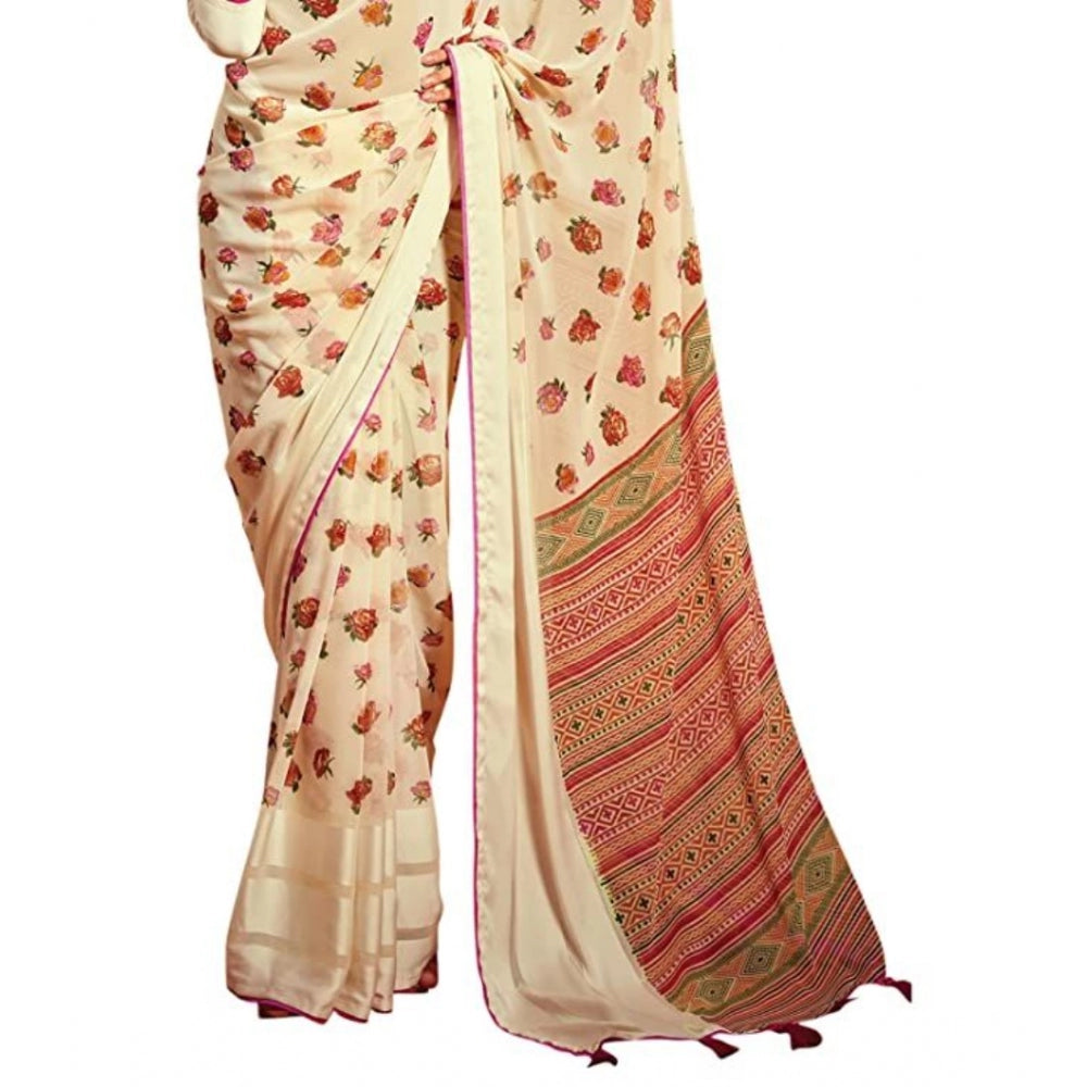 Clasymist Women's Sattin Patta Printed Saree With Unstitched Blouse (Cream, 5-5 Mtrs)