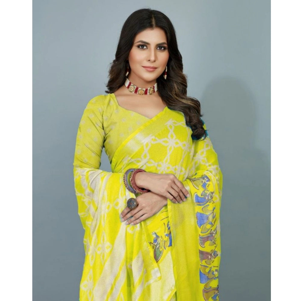 Clasymist Women's Moss Chiffon Printed Saree With Unstitched Blouse (Yellow, 5-5 Mtrs)