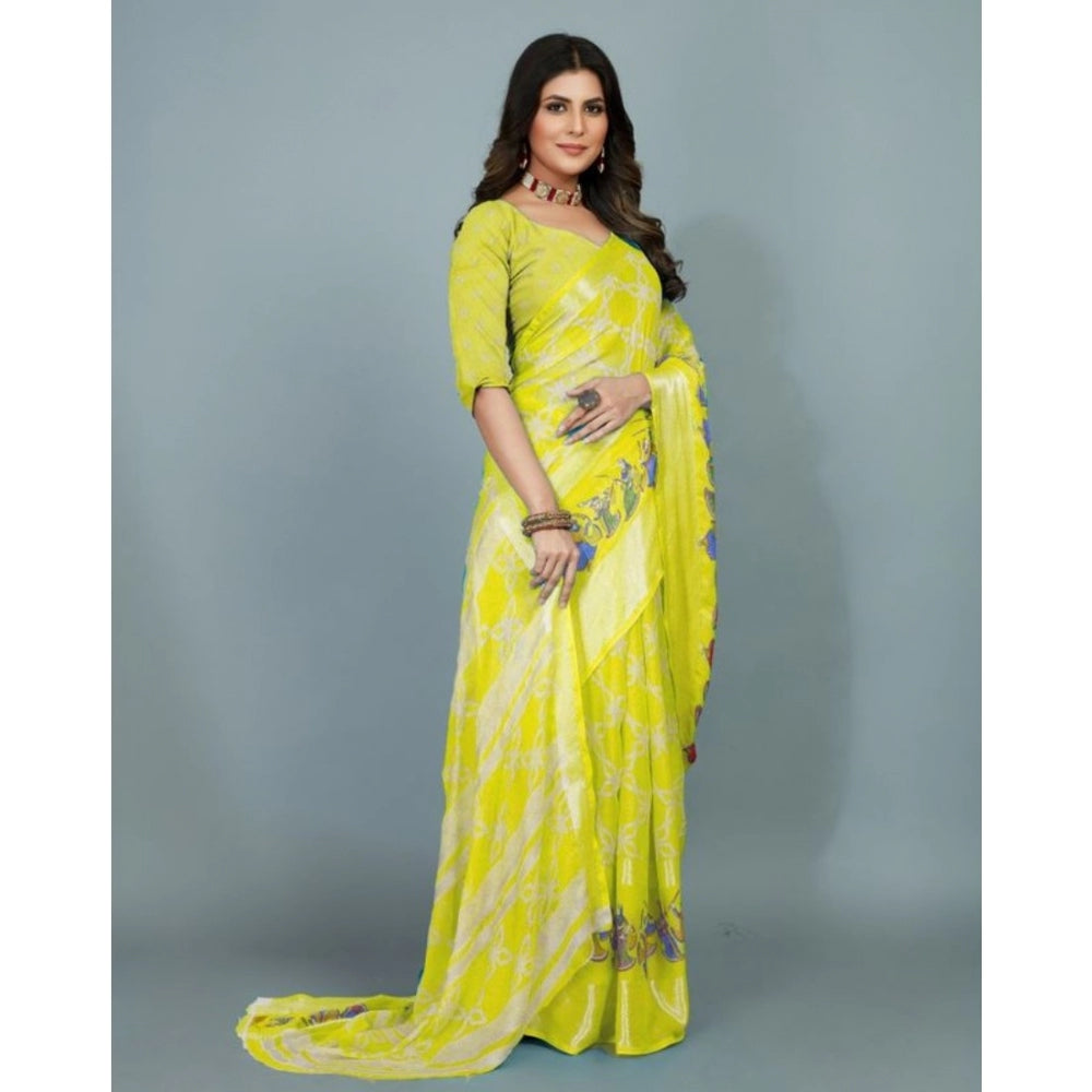 Clasymist Women's Moss Chiffon Printed Saree With Unstitched Blouse (Yellow, 5-5 Mtrs)