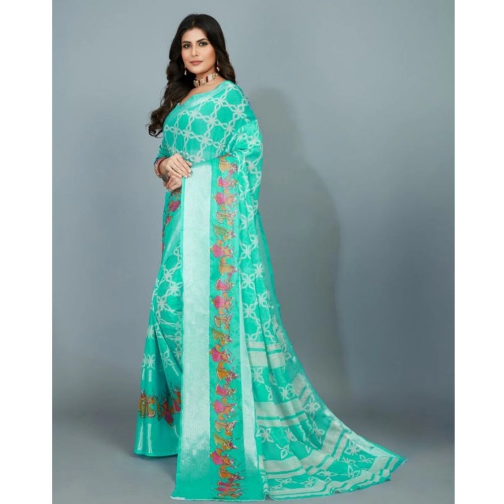 Clasymist Women's Moss Chiffon Printed Saree With Unstitched Blouse (Teal, 5-5 Mtrs)