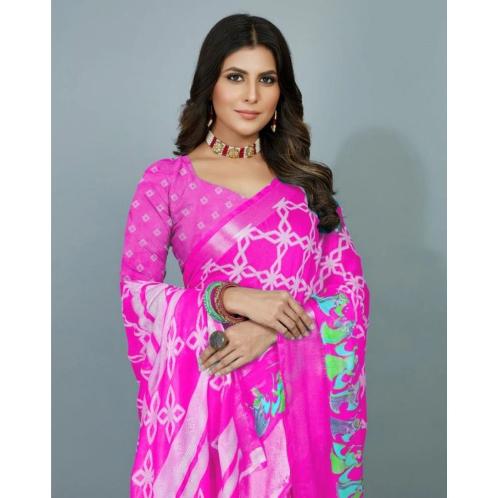 Clasymist Women's Moss Chiffon Printed Saree With Unstitched Blouse (Pink, 5-5 Mtrs)