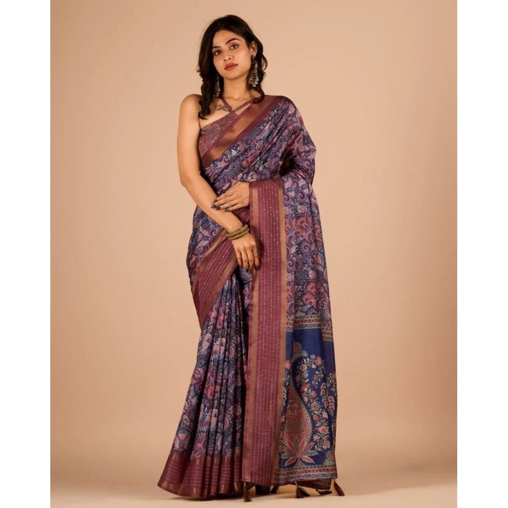 Clasymist Women's Digital Printed Saree With Unstitched Blouse (Navy, 5-5 Mtrs)