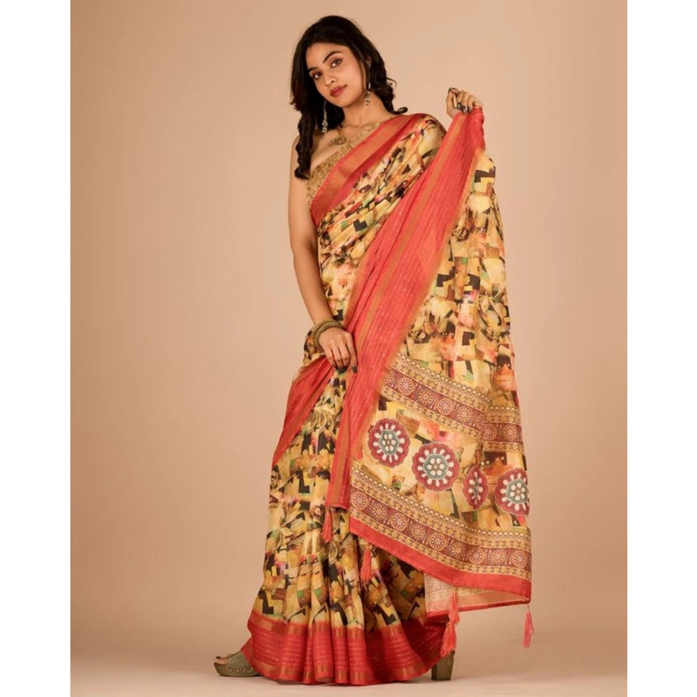 Clasymist Women's Digital Printed Saree With Unstitched Blouse (Yellow, 5-5 Mtrs)