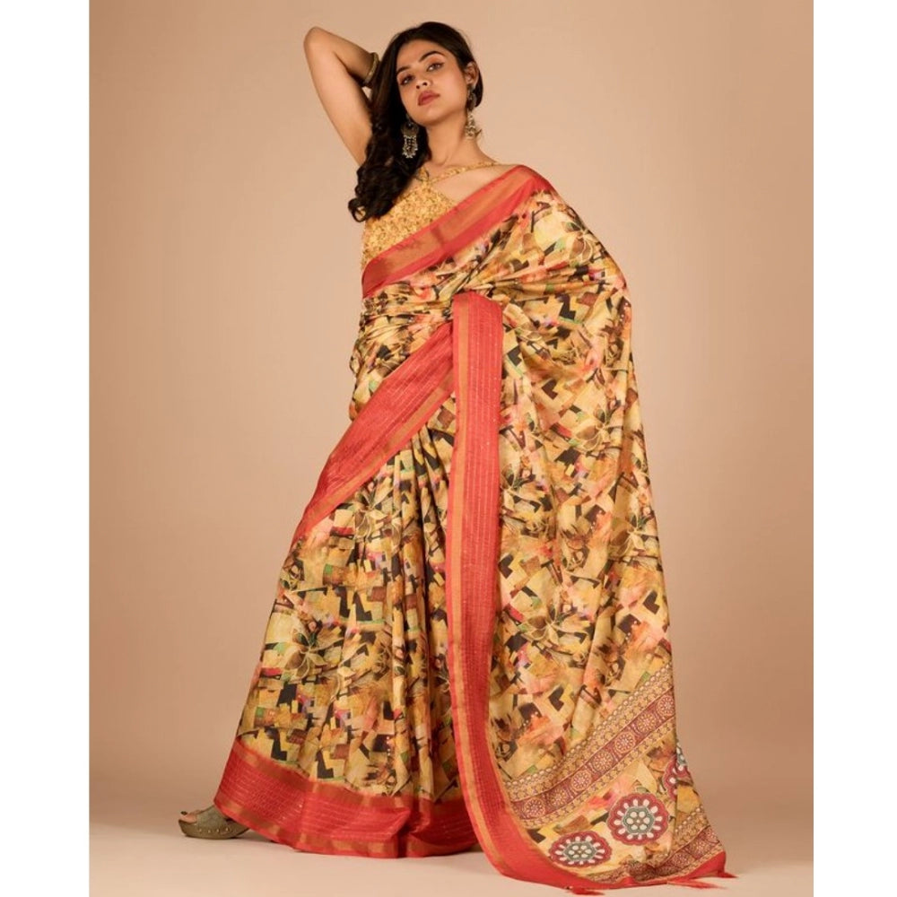 Clasymist Women's Digital Printed Saree With Unstitched Blouse (Yellow, 5-5 Mtrs)