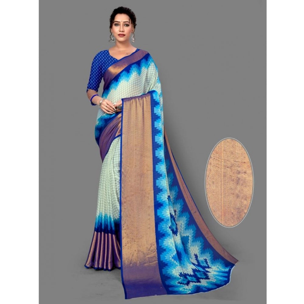 Clasymist Women's Chiffon Printed Saree With Unstitched Blouse (Blue, 5-5 Mtrs)