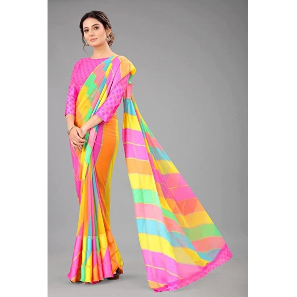 Clasymist Women's Sattin Patta Striped Saree With Unstitched Blouse (Pink, 5-5 Mtrs)