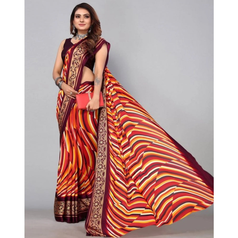 Clasymist Women's Sattin Patta Printed Saree With Unstitched Blouse (Maroon, 5-5 Mtrs)