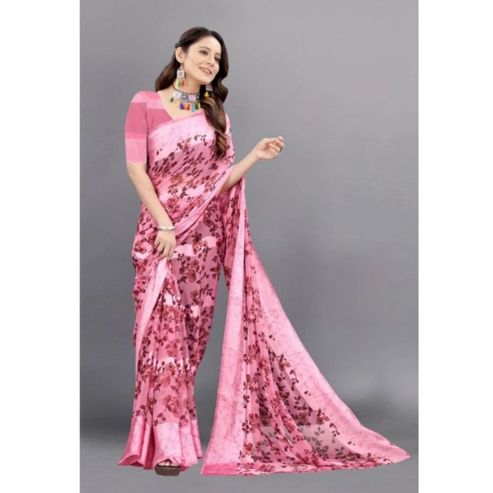 Clasymist Women's Sattin Patta Printed Saree With Unstitched Blouse (Pink, 5-5 Mtrs)