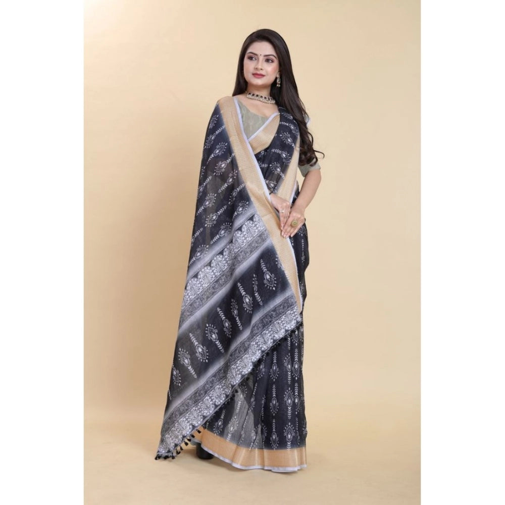 Clasymist Women's Linen Printed Saree With Unstitched Blouse (Black, 5-5 Mtrs)