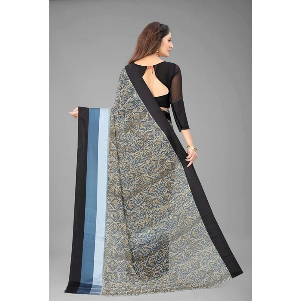 Clasymist Women's Sattin Patta Printed Saree With Unstitched Blouse (Black, 5-5 Mtrs)