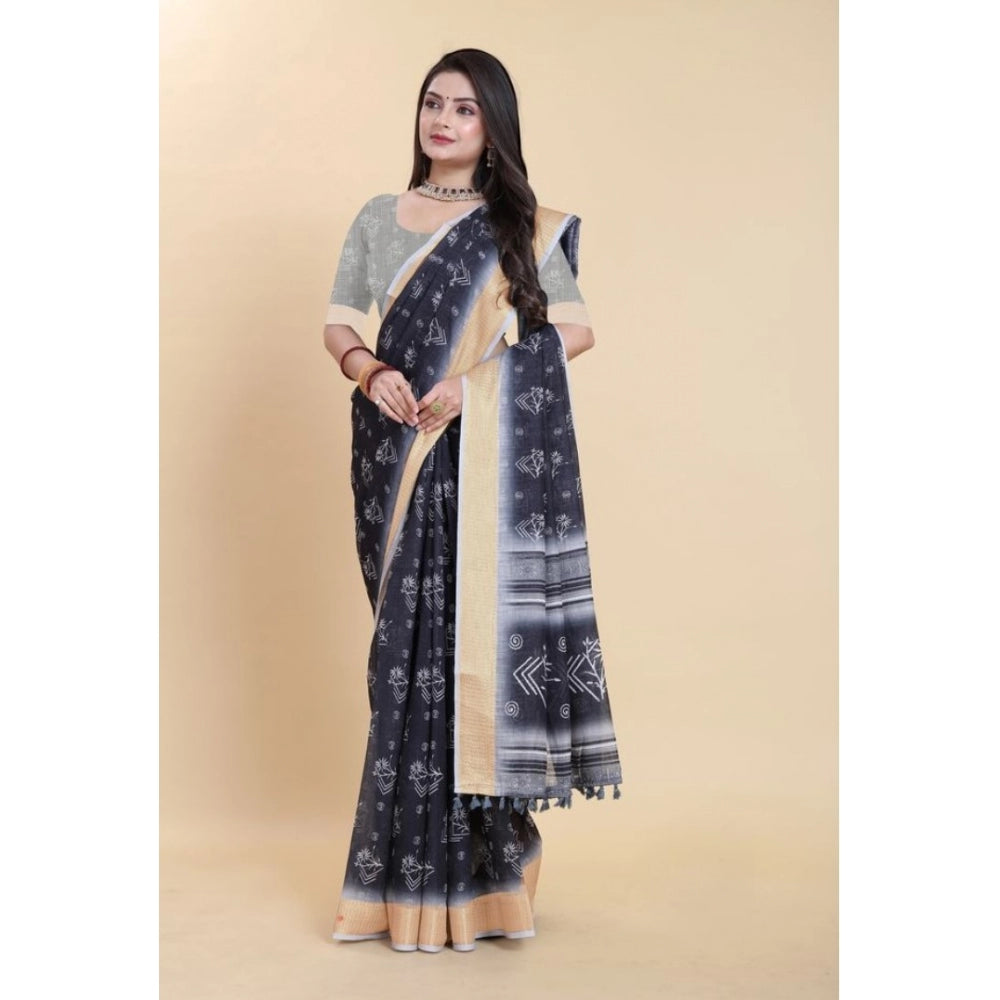 Clasymist Women's Linen Printed Saree With Unstitched Blouse (Black, 5-5 Mtrs)