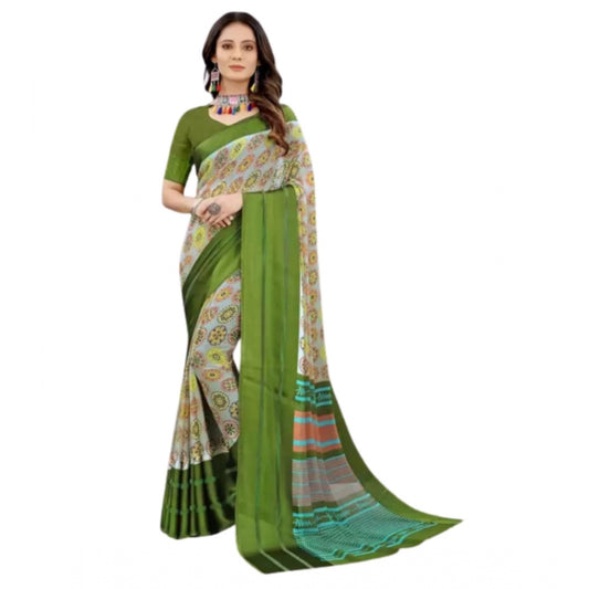 Clasymist Women's Sattin Patta Printed Saree With Unstitched Blouse (Olive, 5-5 Mtrs)