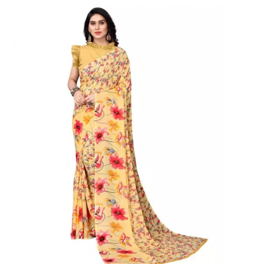 Clasymist Women's Sattin Patta Printed Saree With Unstitched Blouse (Yellow, 5-5 Mtrs)