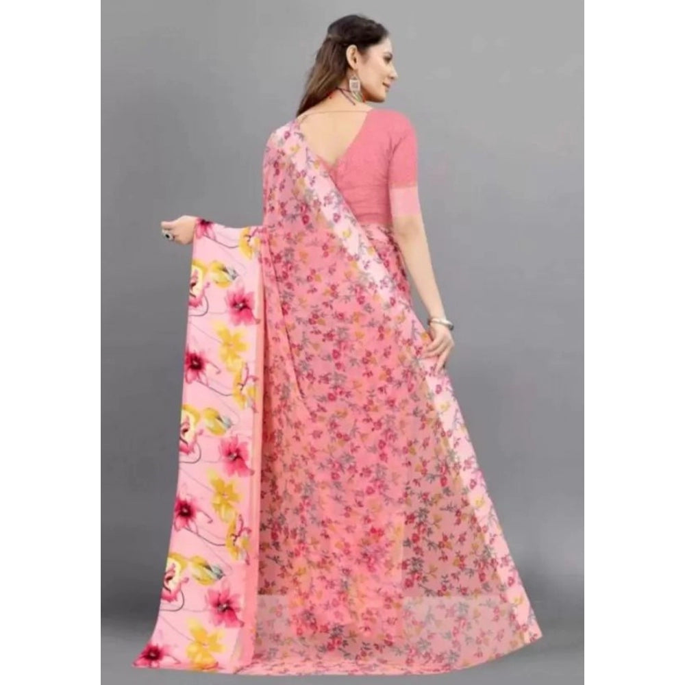 Clasymist Women's Sattin Patta Printed Saree With Unstitched Blouse (Pink, 5-5 Mtrs)