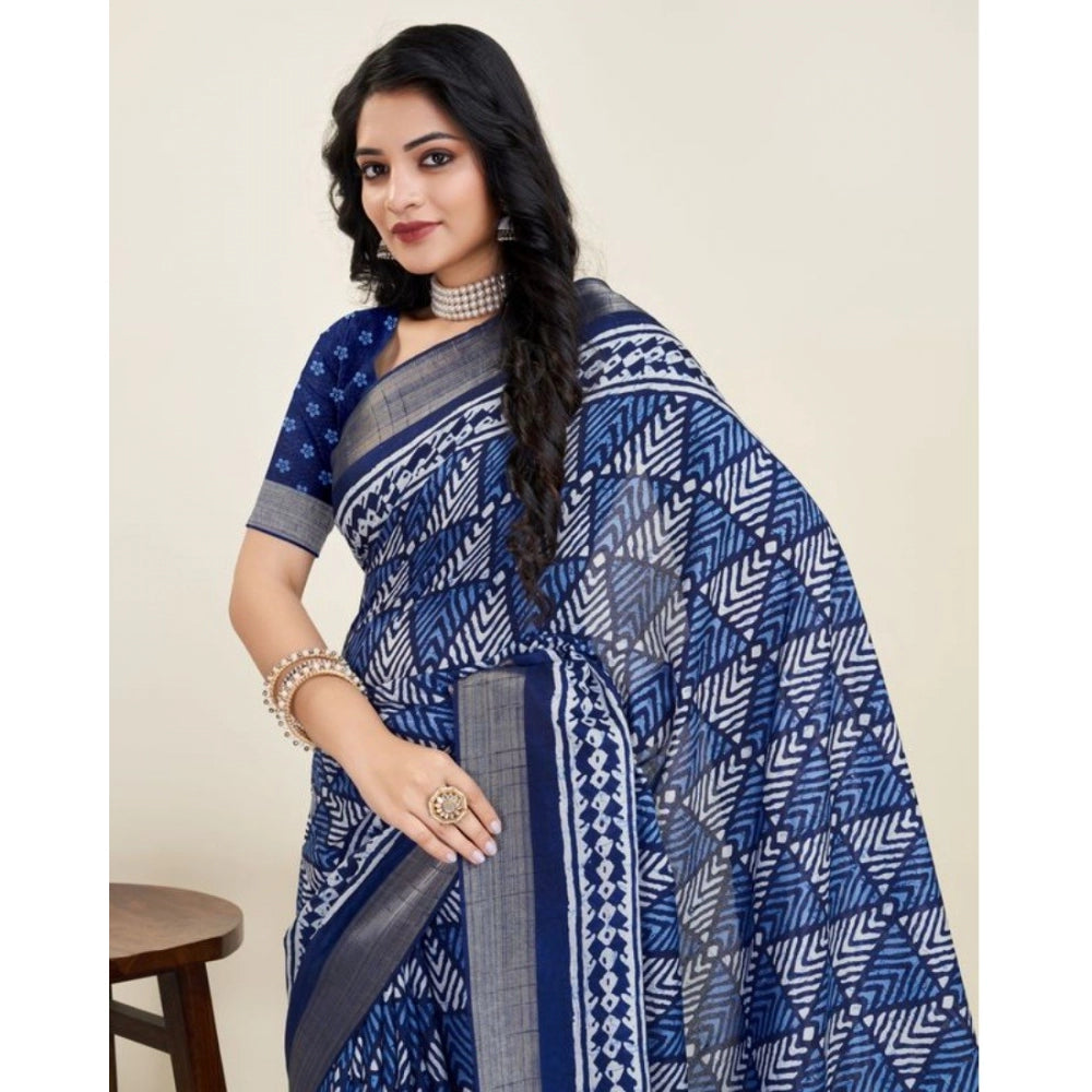 Clasymist Women's Dola Silk Printed Saree With Unstitched Blouse (Blue, 5-5 Mtrs)