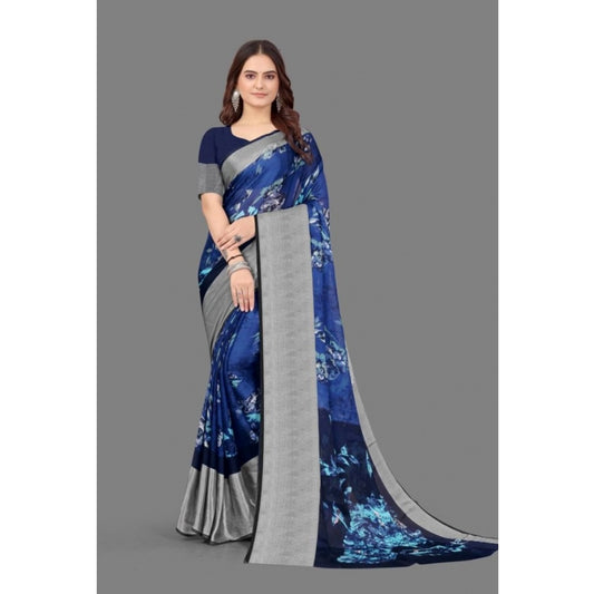 Clasymist Women's Chiffon Printed Saree With Unstitched Blouse (Blue, 5-5 Mtrs)