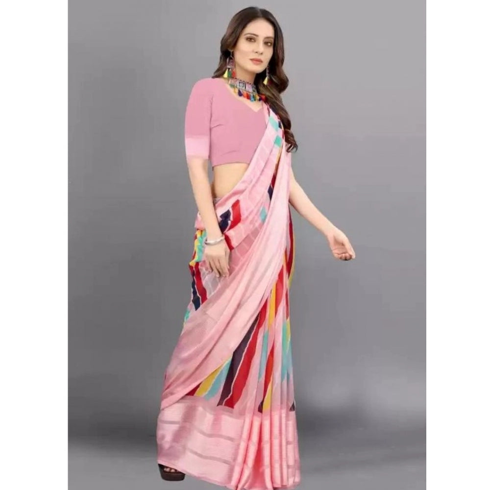 Clasymist Women's Sattin Patta Printed Saree With Unstitched Blouse (Pink, 5-5 Mtrs)