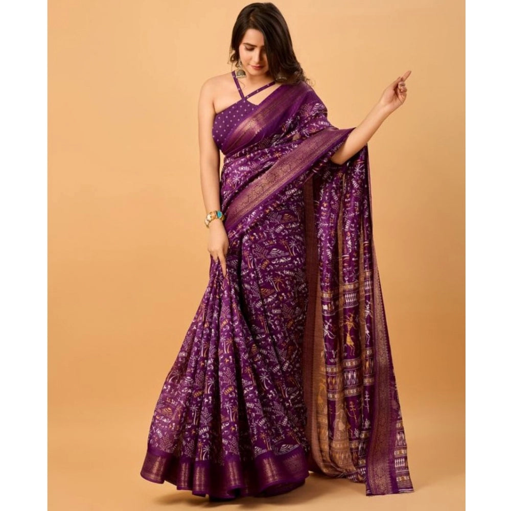 Clasymist Women's Dola Silk Printed Saree With Unstitched Blouse (Violet, 5-5 Mtrs)