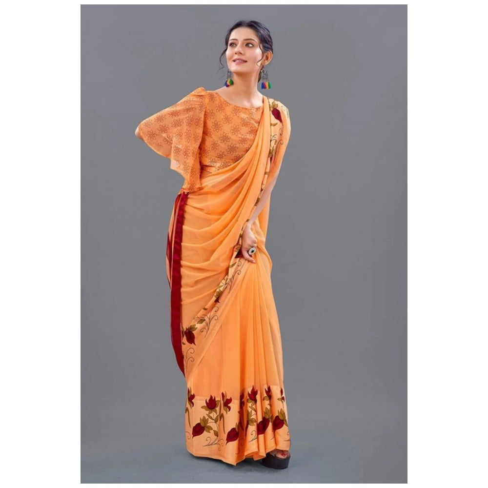 Clasymist Women's Sattin Patta Printed Saree With Unstitched Blouse (Orange, 5-5 Mtrs)