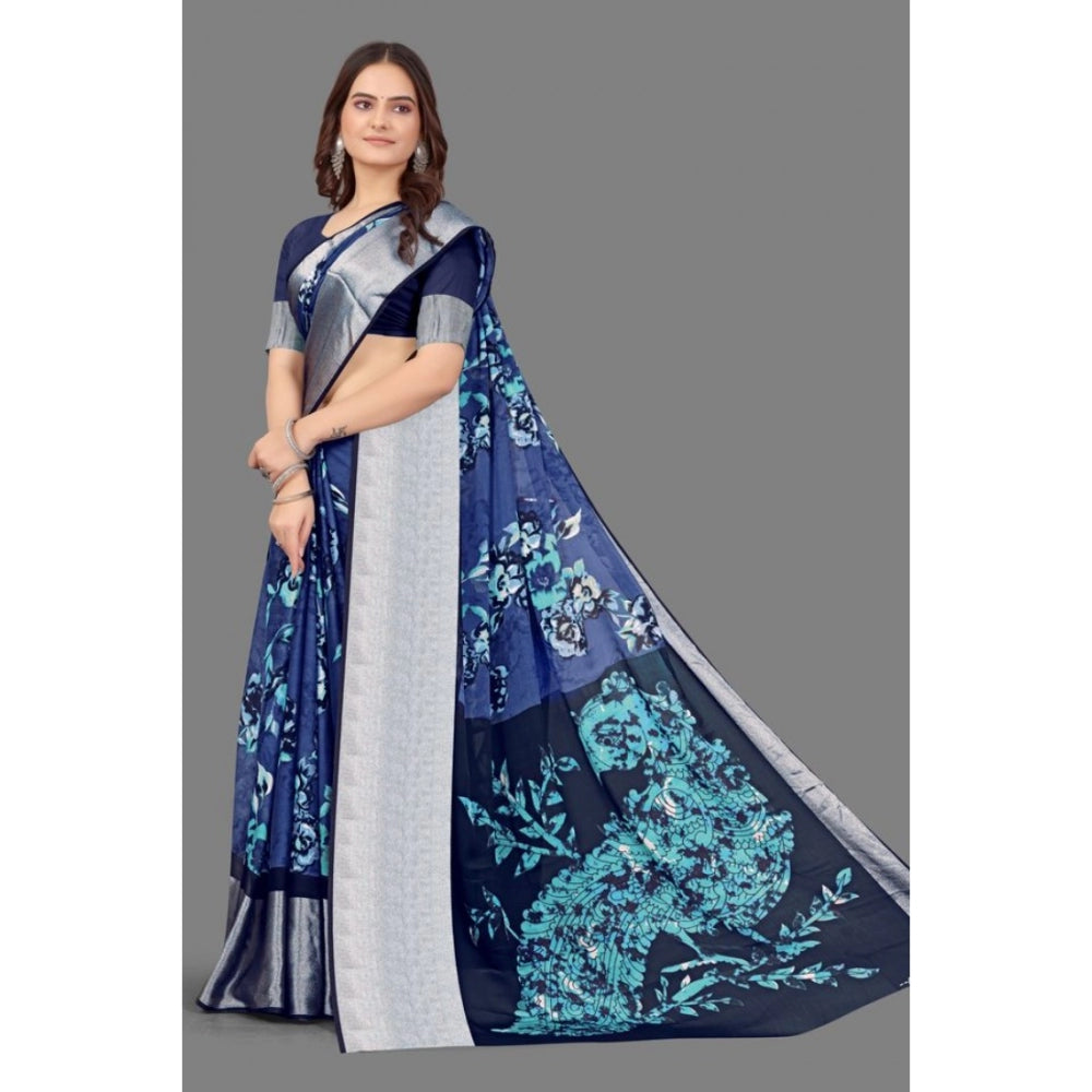 Clasymist Women's Chiffon Printed Saree With Unstitched Blouse (Navy Blue, 5-5 Mtrs)