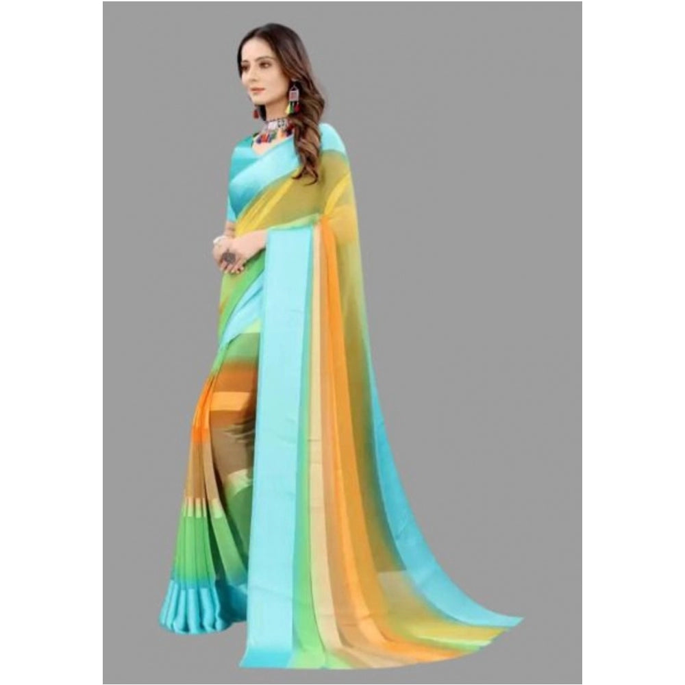 Clasymist Women's Sattin Patta Striped Saree With Unstitched Blouse (Blue, 5-5 Mtrs)